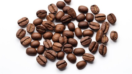 Naklejka premium Freshly roasted coffee beans arranged on a clean white background showcasing their rich color and texture for coffee enthusiasts and marketing.