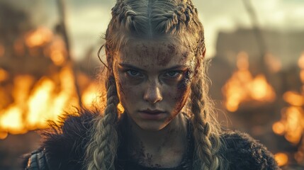 Viking warrior girl with braided hair exuding bravery and determination stands resolutely amid a fiery battlefield, embodying an untamed spirit.