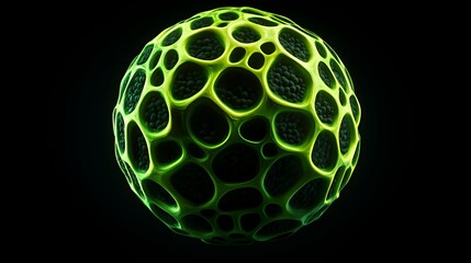 A glowing green sphere with a honeycomb-like structure, suggesting microscopic life or cells.