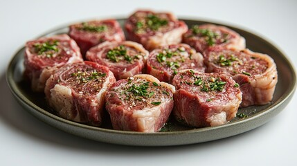 Fototapeta premium Lamb chops arranged neatly on a plate garnished with herbs against a light background