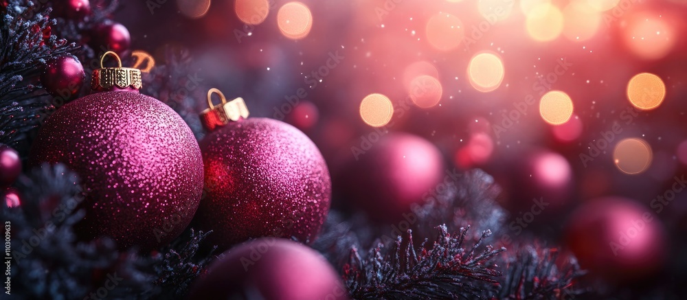 Poster festive holiday scene with violet backdrop featuring sparkling ornaments and soft bokeh lights creat