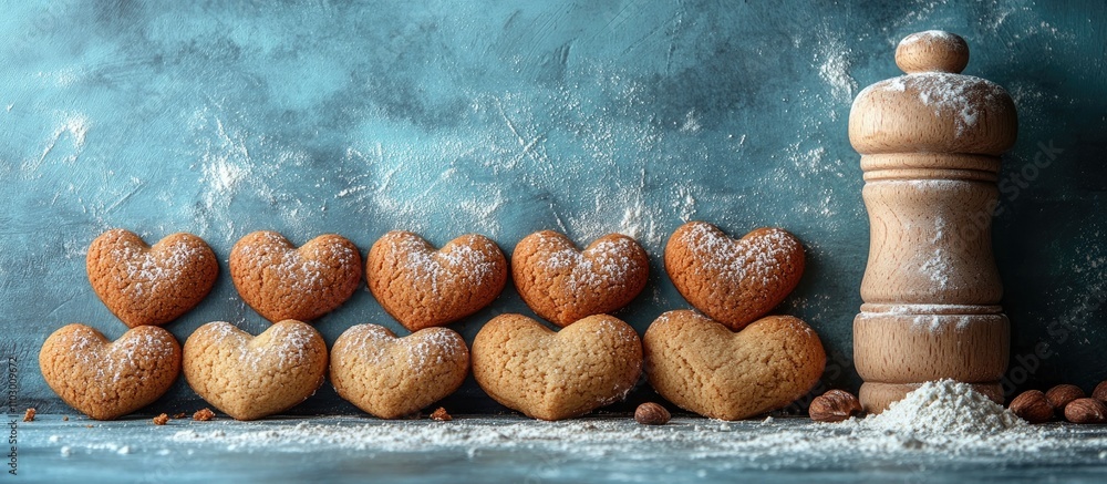 Poster heart shaped cookies with powdered sugar arranged on a blue background with a rolling pin and flour 