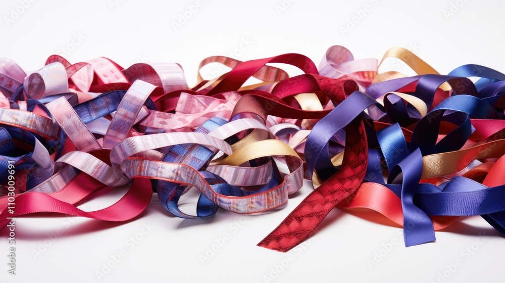 Poster colorful assortment of individual ribbon pieces arranged on a white background showcasing various te