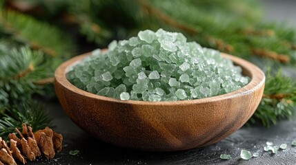 Green sea salt for bathing in a wooden bowl surrounded by spruce branches on a white background showcasing natural wellness and relaxation benefits