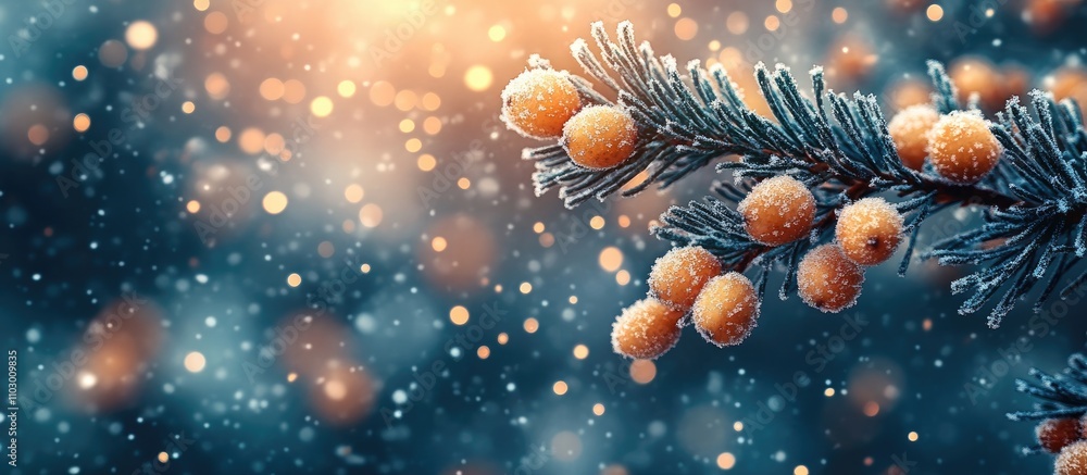 Poster winter branch adorned with snow and frost with subtle bokeh background creating a serene wintry atmo