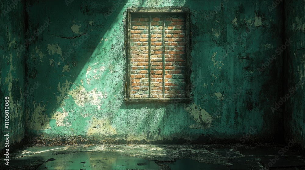 Poster abandoned indoor space with a weathered brick wall and a sunlit window creating an atmospheric and r