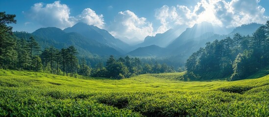 Lush green valley landscape with tea plantations under blue skies and majestic mountains in the background during a serene daytime scene.