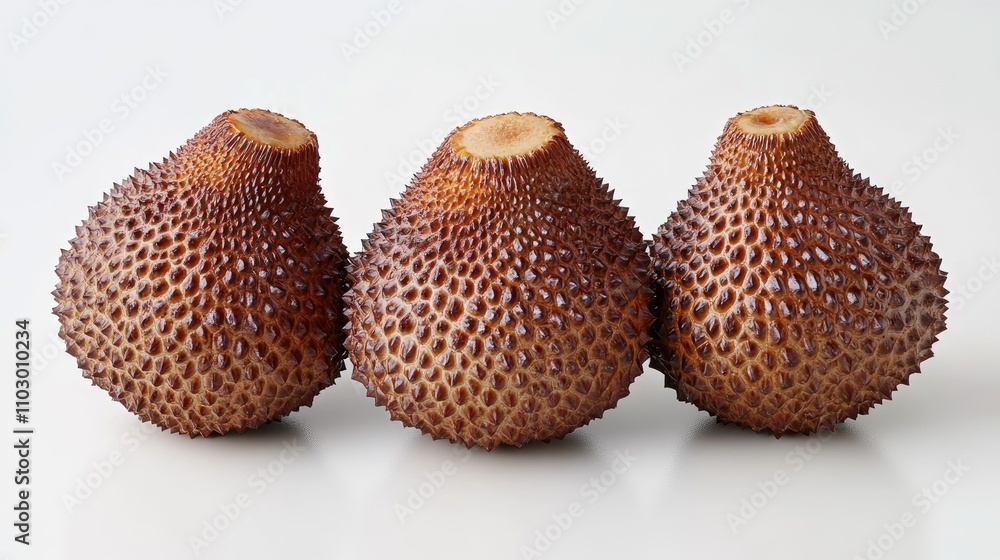 Poster rattan fruits arranged in a row showcasing unique texture and shape on a clean white background for 