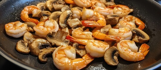 Fototapeta premium Grilled shrimp and mushrooms sizzling in a pan ready for a delicious seafood dish