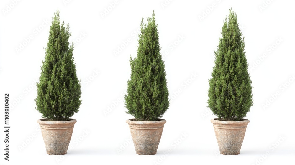 Poster Elegant Italian cypress trees in pots create a striking visual on a white background. The Italian cypress trees add a touch of sophistication, perfect for any setting with ample copy space.