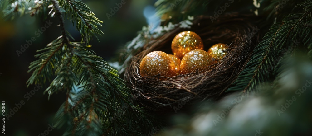 Aufkleber nest with sparkling golden balls resting on spruce branches, creating a festive and whimsical holida