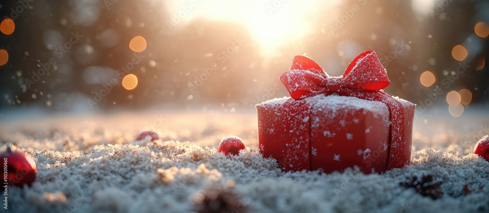 Poster Winter gift box with a bow on snowy sand background illuminated by sunlight and bokeh effects showcasing ample copy space for text