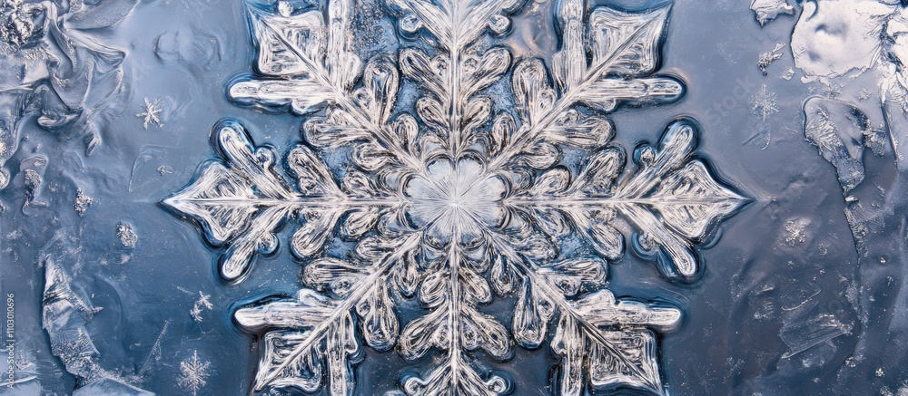 Poster intricate macro close-up of a snowflake showcasing unique crystalline structures against a blurred i