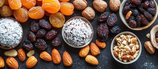 Homemade energy balls with nuts and dried fruits coated in coconut displayed on a dark rustic background for healthy snacks and vitality.