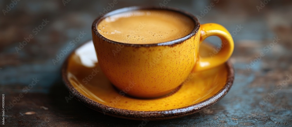 Poster espresso in a yellow cup on a rustic surface showcasing simplicity and flavor without sugar