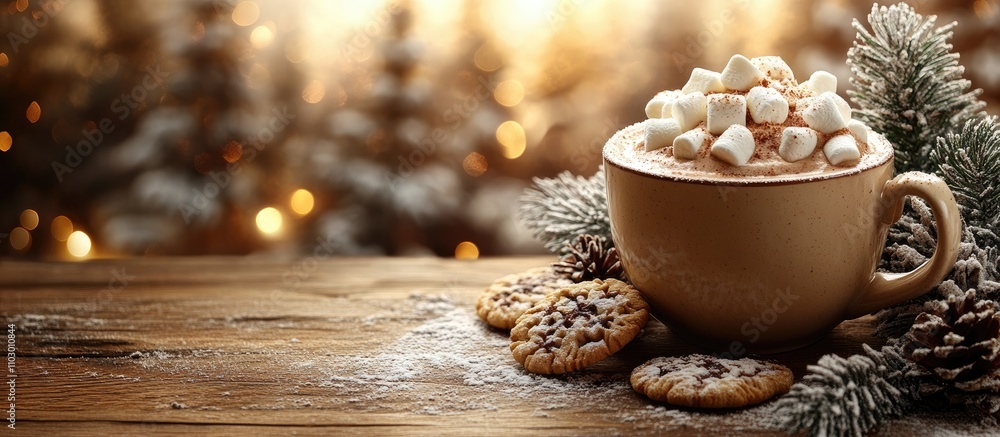 Aufkleber cozy cup of hot cocoa topped with marshmallows surrounded by cookies and pine branches on a rustic w