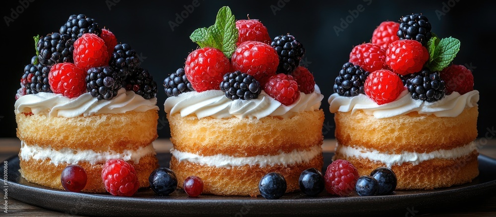 Poster delicious layered cake topped with fresh cream fruits and an array of berries on a dark wooden table