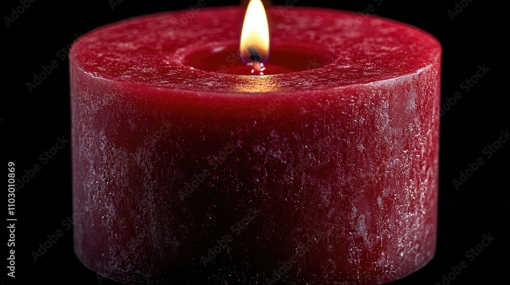 Poster solitary red candle with a flickering flame on a black background illuminated from above creating a 