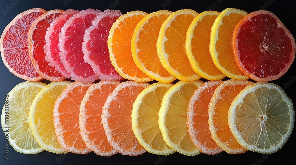 Poster assorted vibrant citrus fruit slices displaying a colorful arrangement of oranges, lemons, and grape