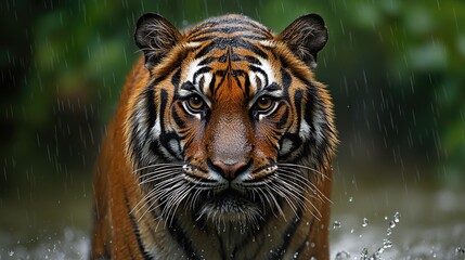 Naklejka premium Majestic male tiger emerging from rain-soaked forest highlighting its fierce gaze during monsoon season safari adventure