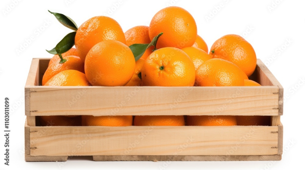 Poster fresh mandarin tangerines arranged in a rustic wooden crate on a clean white background enhancing th