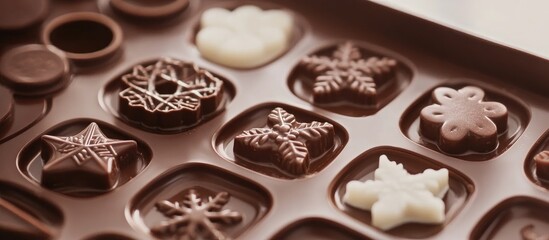 Assorted Christmas chocolate molds arranged in a tray featuring festive designs like snowflakes and stars in dark and white chocolate.