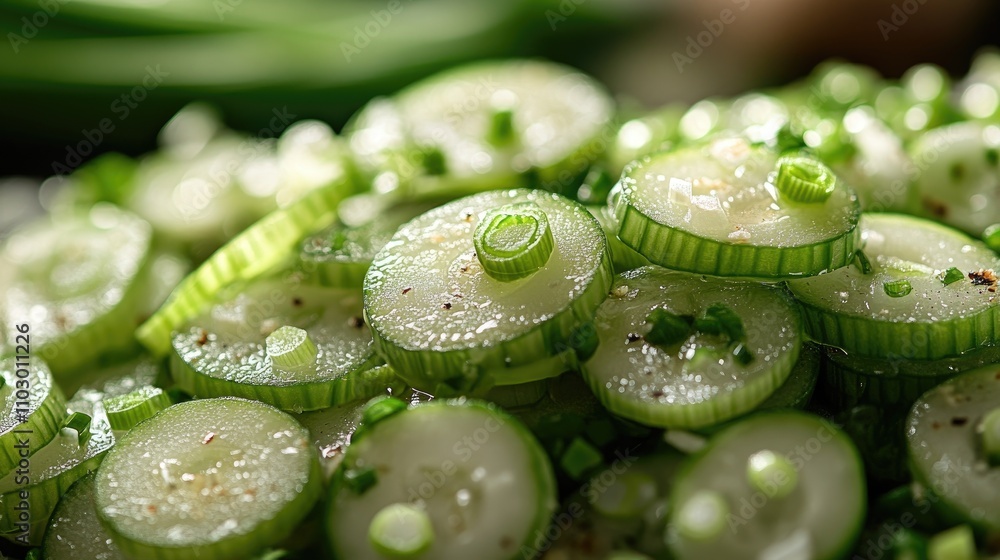 Poster freshly sliced spring onions displayed in a close-up view showcasing vibrant green color and texture
