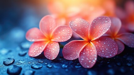 Fototapeta premium Delicate pink flowers adorned with droplets glistening on a dark background creating a serene and beautiful atmosphere