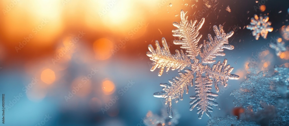 Poster close-up of intricate frost patterns on a window with a warm sunset glow creating a beautiful contra
