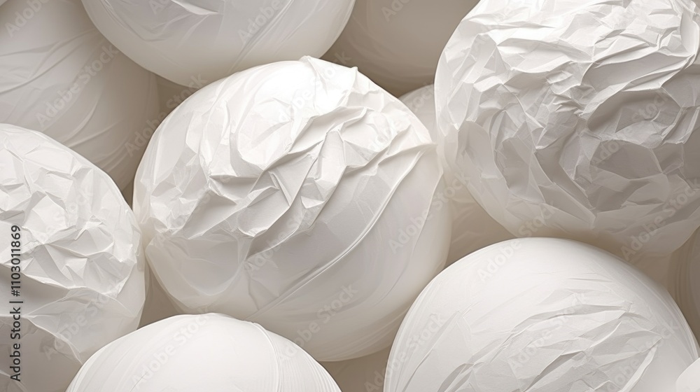 Poster textured white paper balls arranged in a creative pattern showcasing the beauty of simplicity and de