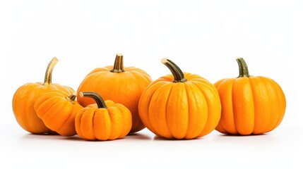Obraz premium Assorted ripe orange pumpkins displayed on a clean white background ideal for seasonal autumn themes and festive decor concepts