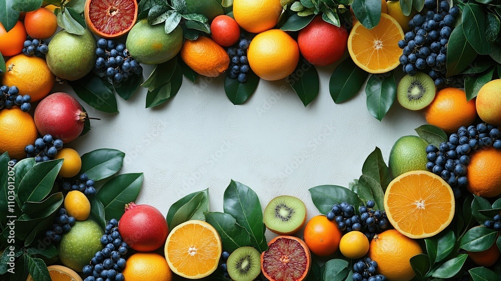 Poster vibrant arrangement of exotic fruits and green leaves creating a colorful border over a light backgr