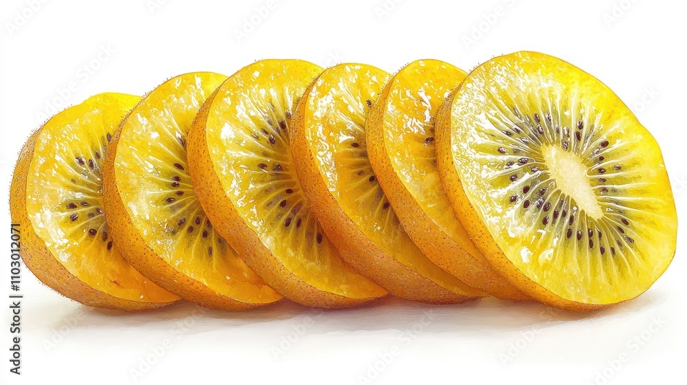 Poster vibrant yellow kiwi fruit slices arranged in a stack isolated against a clean white backdrop showcas