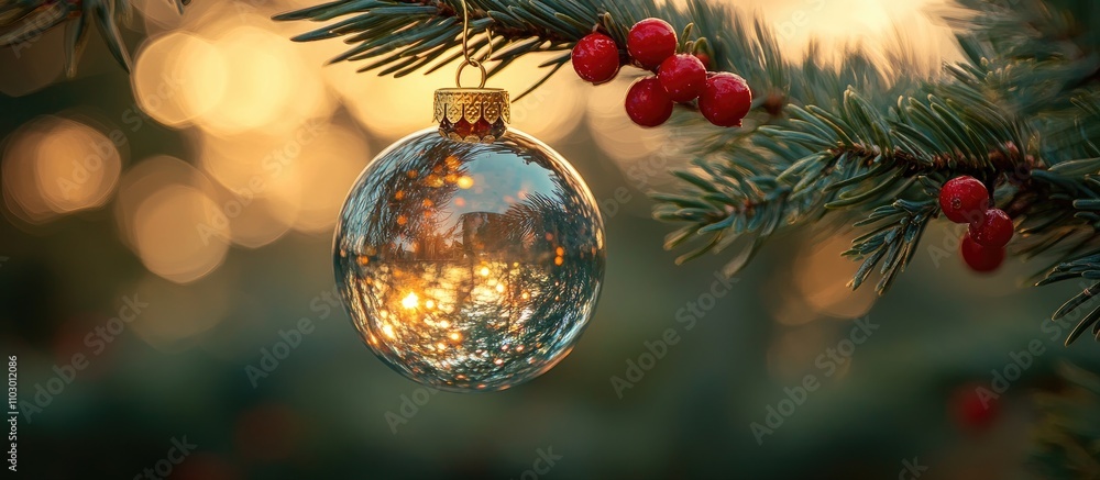 Poster sparkling glass ornament hanging on pine branches with a soft bokeh background of festive lights and