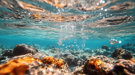 Fototapeta premium Underwater scene showcasing clear water with bubbles and rocky seabed in a serene environment.