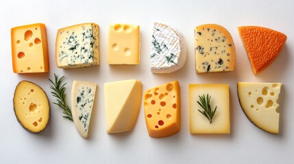 Assorted gourmet cheese platter featuring Gouda and other varieties arranged on a white background with selective focus and natural tones.