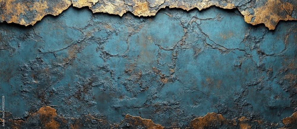 Poster textured blue and gold abstract background with peeling paint for use in design projects and creativ