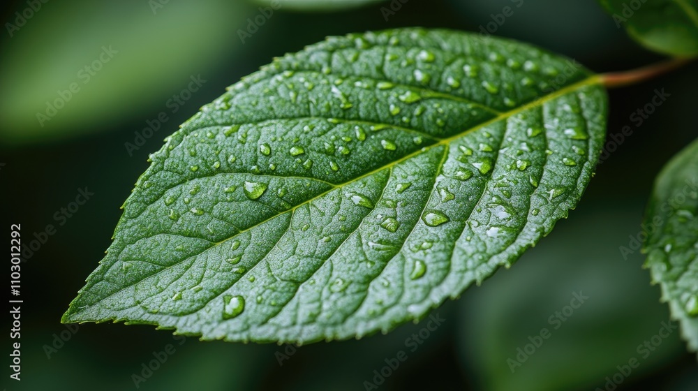 Poster close-up view of a green tree leaf with water droplets isolated on a dark background showcasing natu