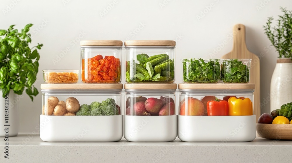 Poster adaptive fridge organization with transparent airtight containers for storing and preserving produce