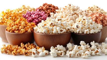 Obraz premium Varied colorful popcorn selection in wooden bowls isolated on a clean white background