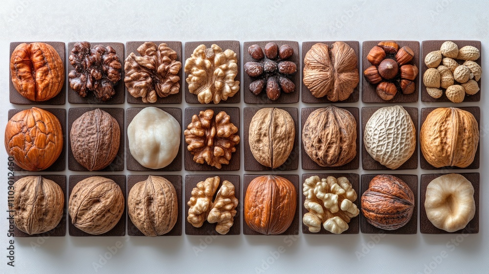 Poster Assorted nuts arranged in organized grid on white background showcasing textures and colors of different varieties close up