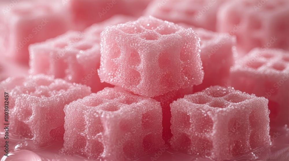 Poster Close up of textured pink wafers stacked on a reflective surface showcasing their unique shape and sugary coating.
