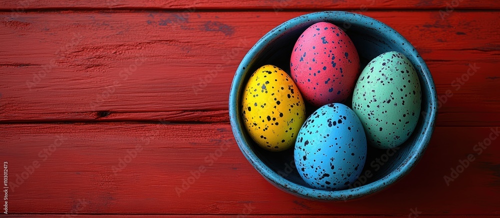Aufkleber vibrant multicolored easter eggs in a ceramic bowl on a rustic red wood surface creating a festive s