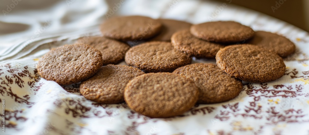 Poster gingerbread cookies arranged on a decorative tablecloth creating a warm and inviting festive atmosph