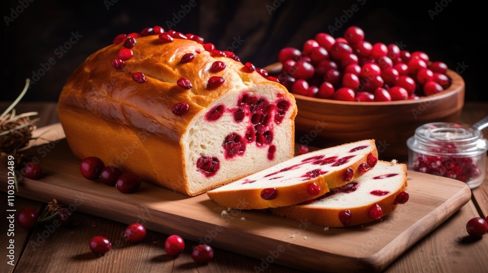 Poster Cranberry bread loaf displayed on a wooden table with fresh cranberries in the background creating a rustic and inviting atmosphere