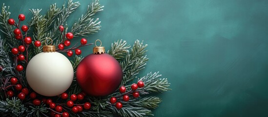 Three decorative Christmas ornaments on green background with pine branches and berries for minimal festive celebration and holiday themes