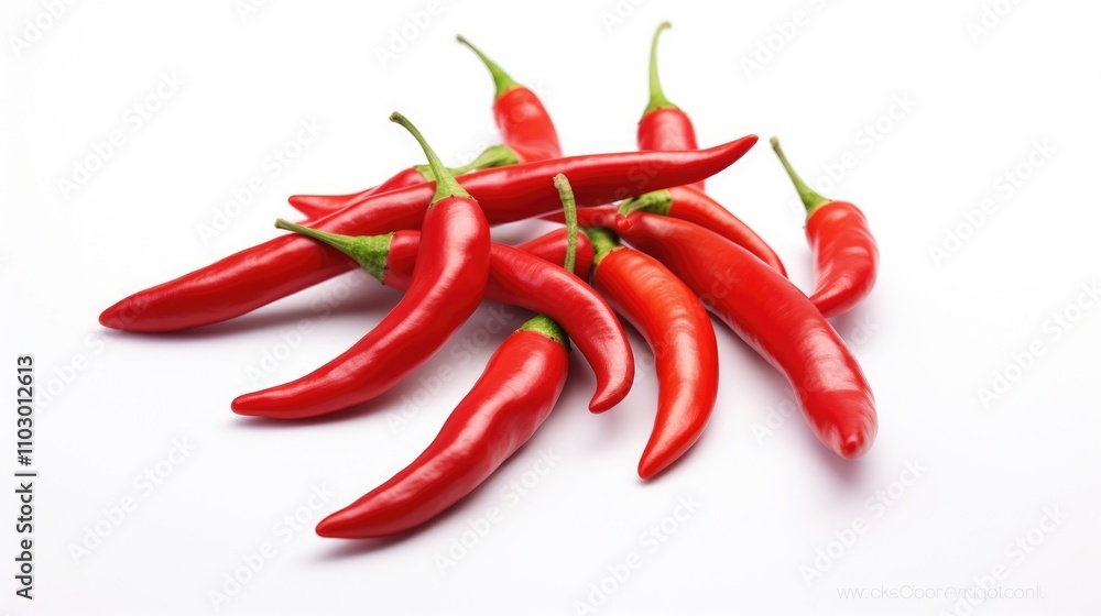 Poster fresh red chili peppers artistically arranged on a clean white background highlighting their vibrant