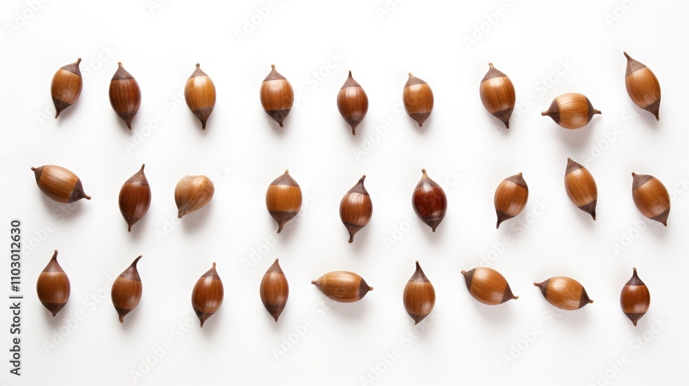 Poster oak acorns arranged in a pattern on a white table showcasing nature's unique seeds with a clean back
