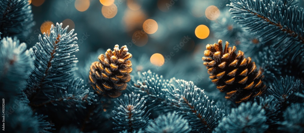 Poster elegant composition of fir tree branches with pine cones and soft bokeh lights creating a warm and f