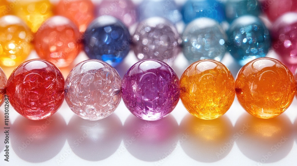 Poster colorful glass beads arranged in a vibrant pattern showcasing various hues against a smooth white ba